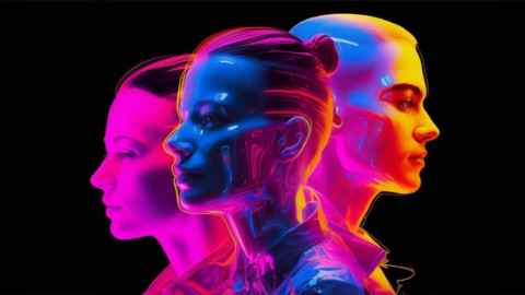 AI created image of 3 humanoids in profile from the shoulder up, with inky brightly colored skin. 2 facing left and 1 facing right