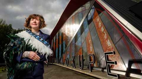 Professor Deidre Brown stands in front of Taumata o Kupe education centre. Photograph by Adrian Malloch