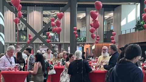 Guests enjoy the airy new atrium at B201 on Valentine's Day.